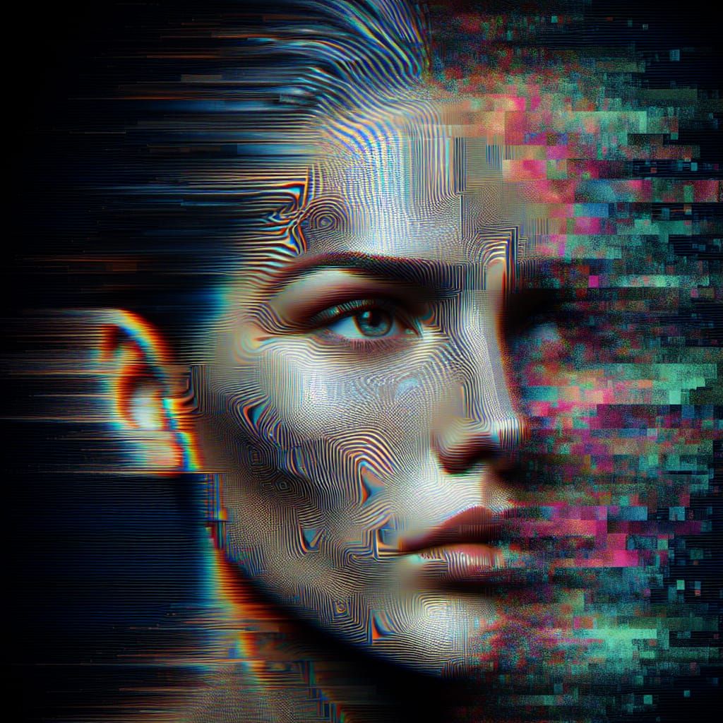 Retro-Futuristic Face Melting into Static Glitch Art