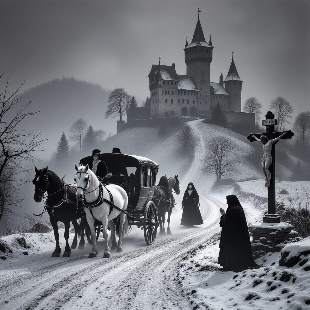 Spectral Horses Haul Fiacre Through Misty Transylvanian Snow