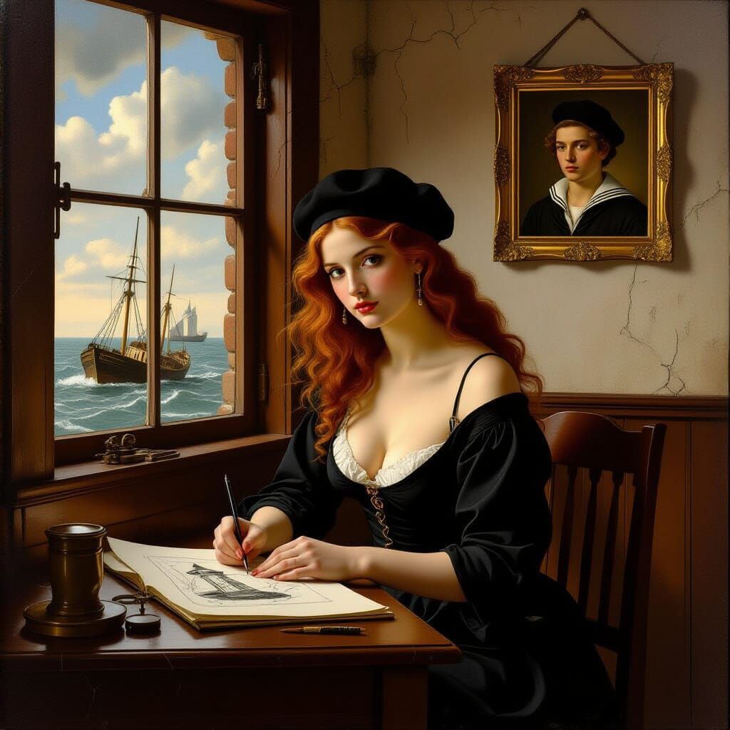 Redhead Pin-Up Sketches Lighthouses: Oil Painting