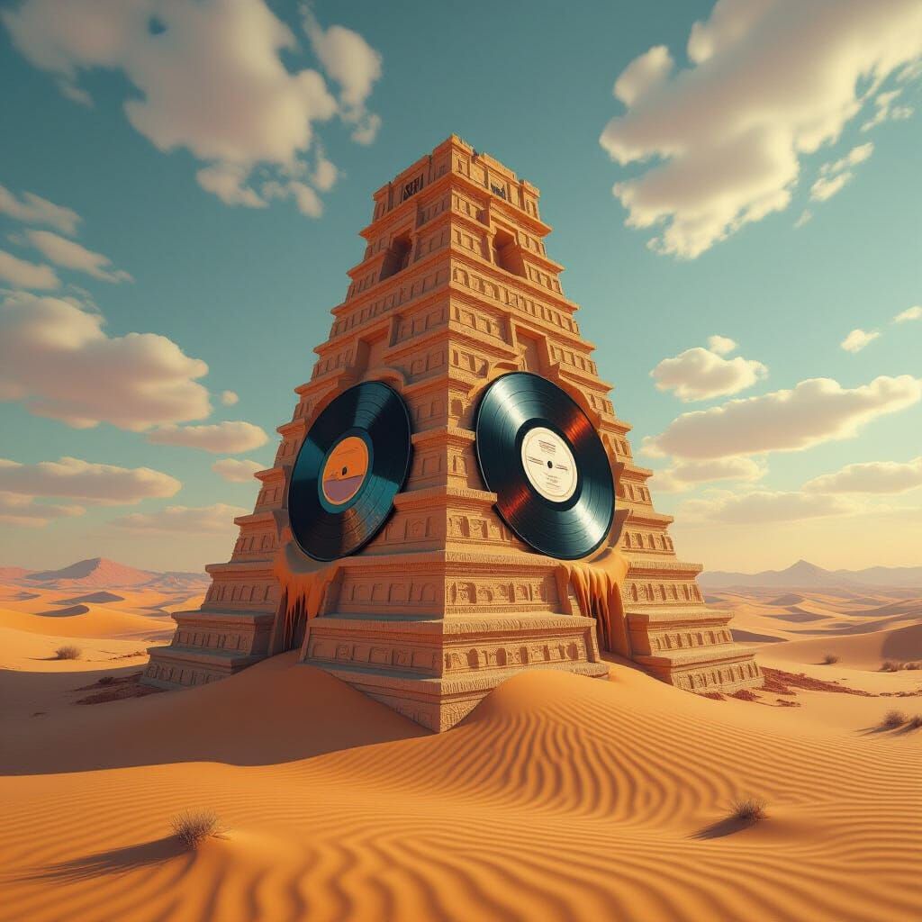 Surreal Ziggurat Vinyl Record Player in Desert Landscape