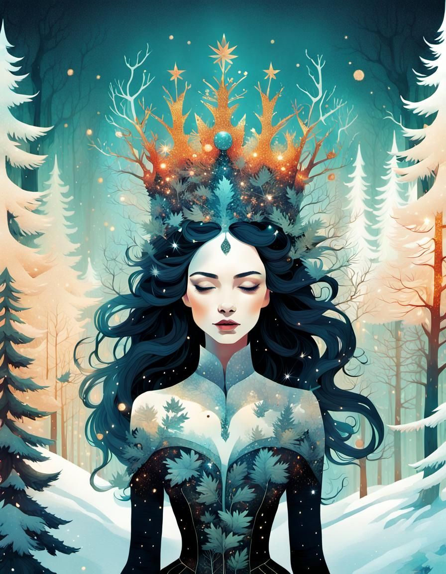 Snowy Forest Queen in Double Exposure Collage