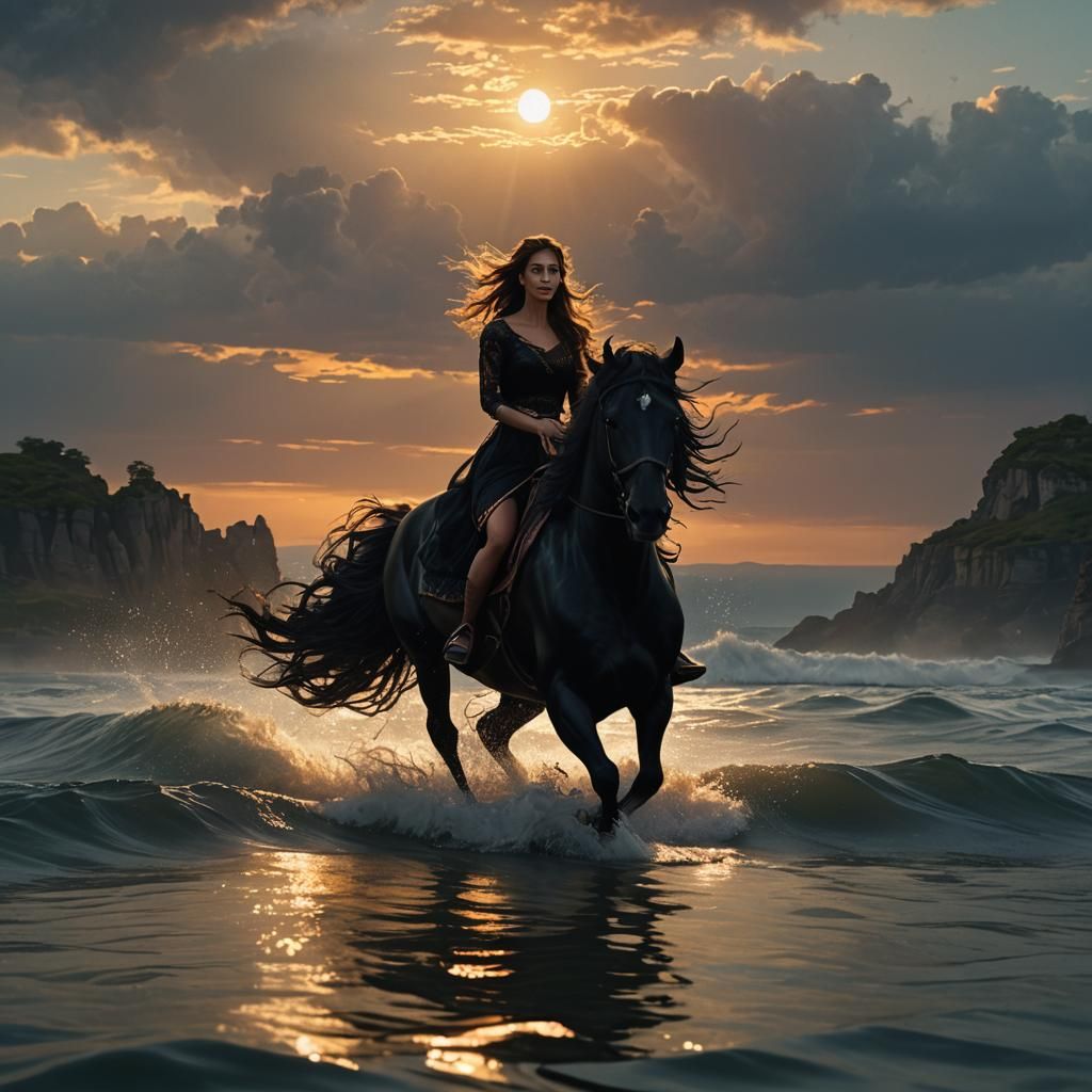 Girl on Black Horse at Sunset