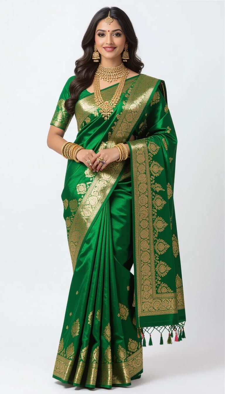 Elegant Indian Woman in Green Banarasi Saree
