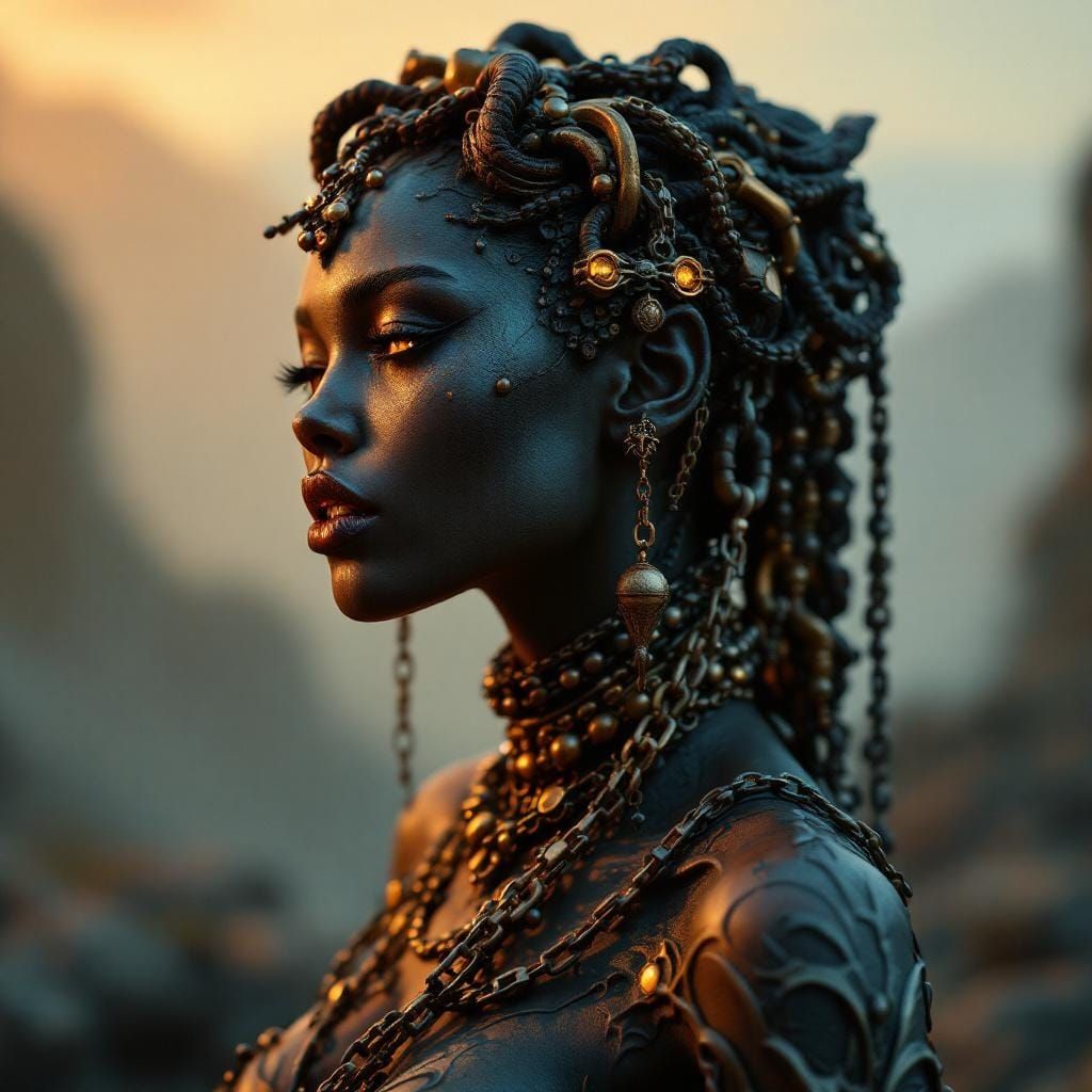 Ornate Clay Sculpture with Chains in Cinematic Style