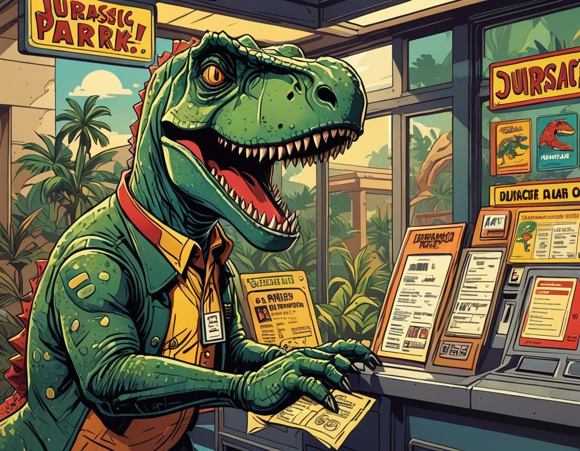 Dinosaur Buys Jurassic Park Ticket in Retro Cartoon