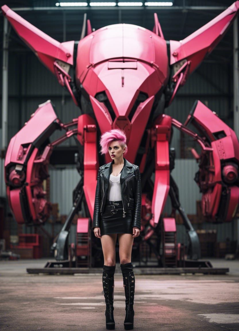 Punk Woman and Futuristic Robot in Abandoned Hangar