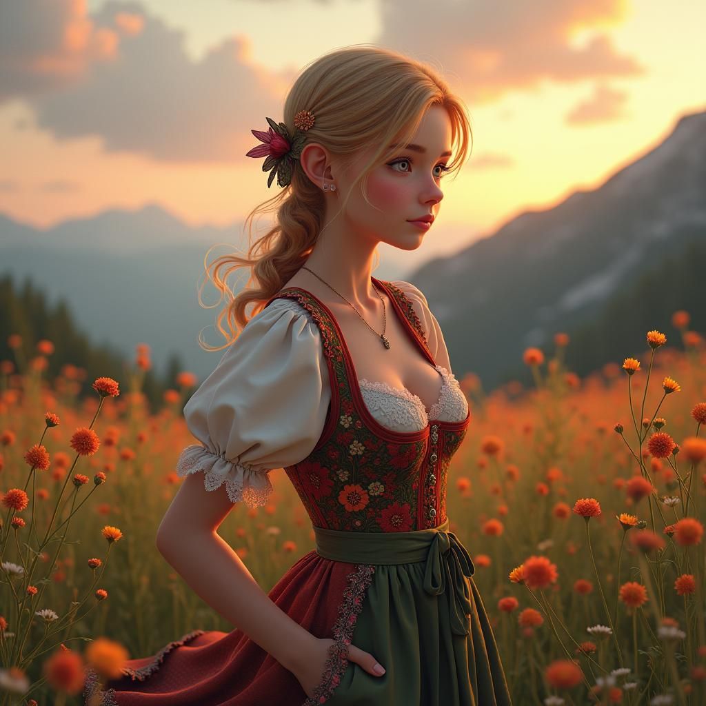 Anime Girl in Dirndl in Alpine Meadow at Dusk