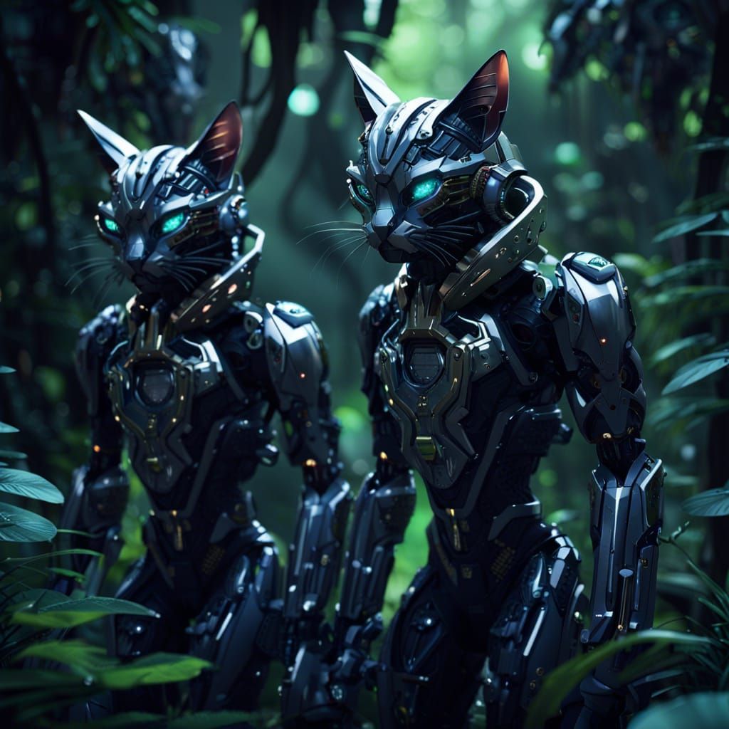 Humanoid Cat Soldiers in Alien Jungle, Sci-Fi Art