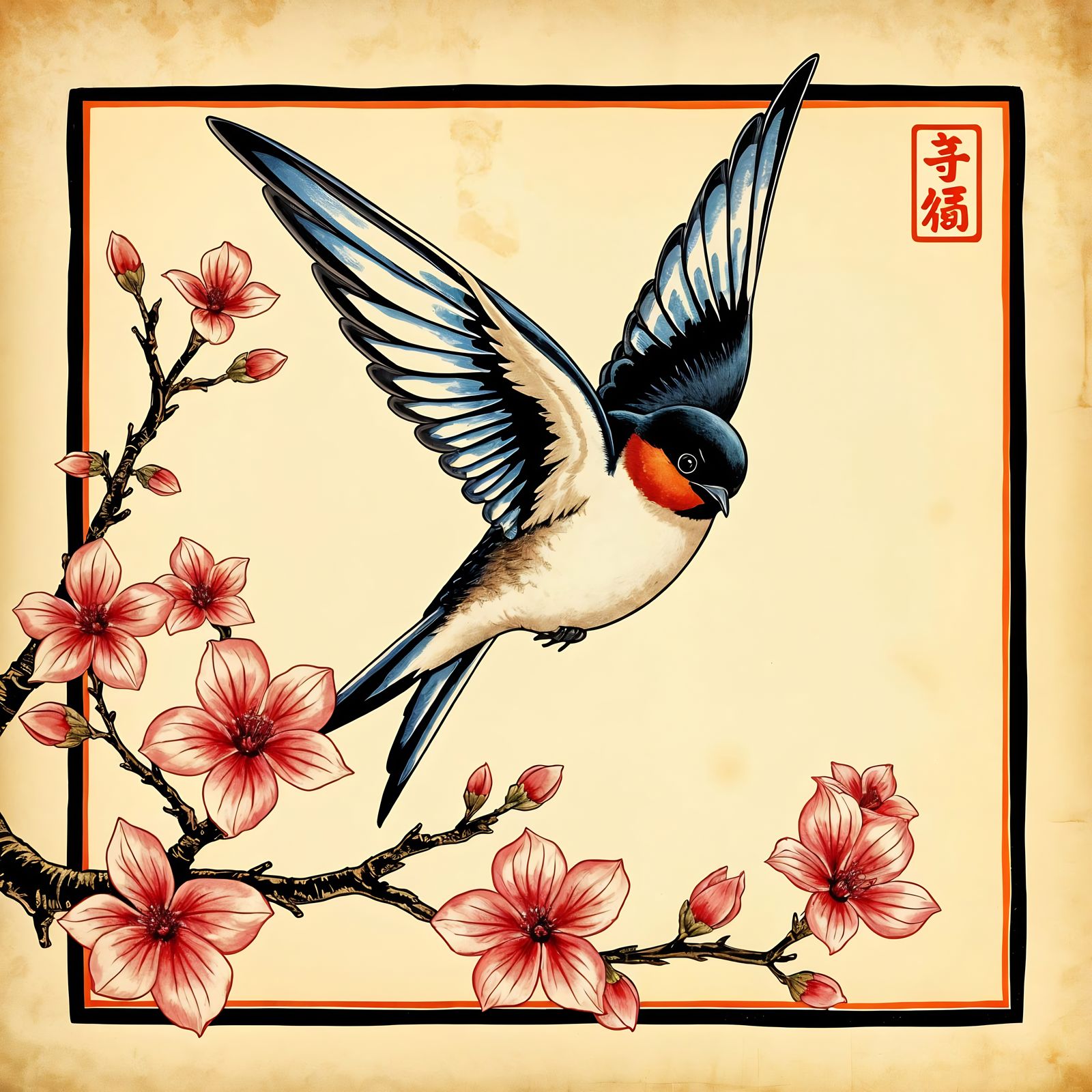 Surreal Cherry Blossom Swallow Tattoo in Bold Graphic Style