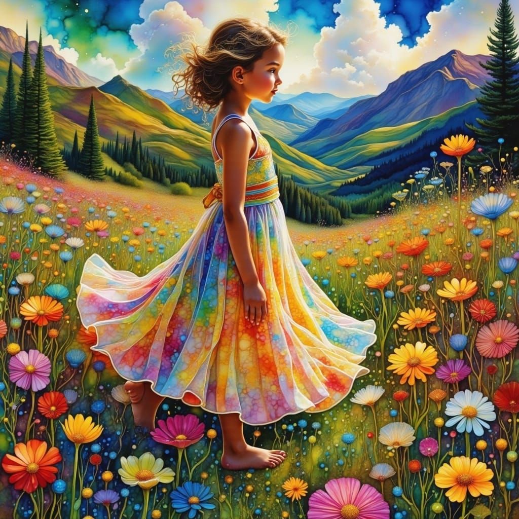 Young Girl in a Vibrant Floral Landscape, in the Style of Ol...