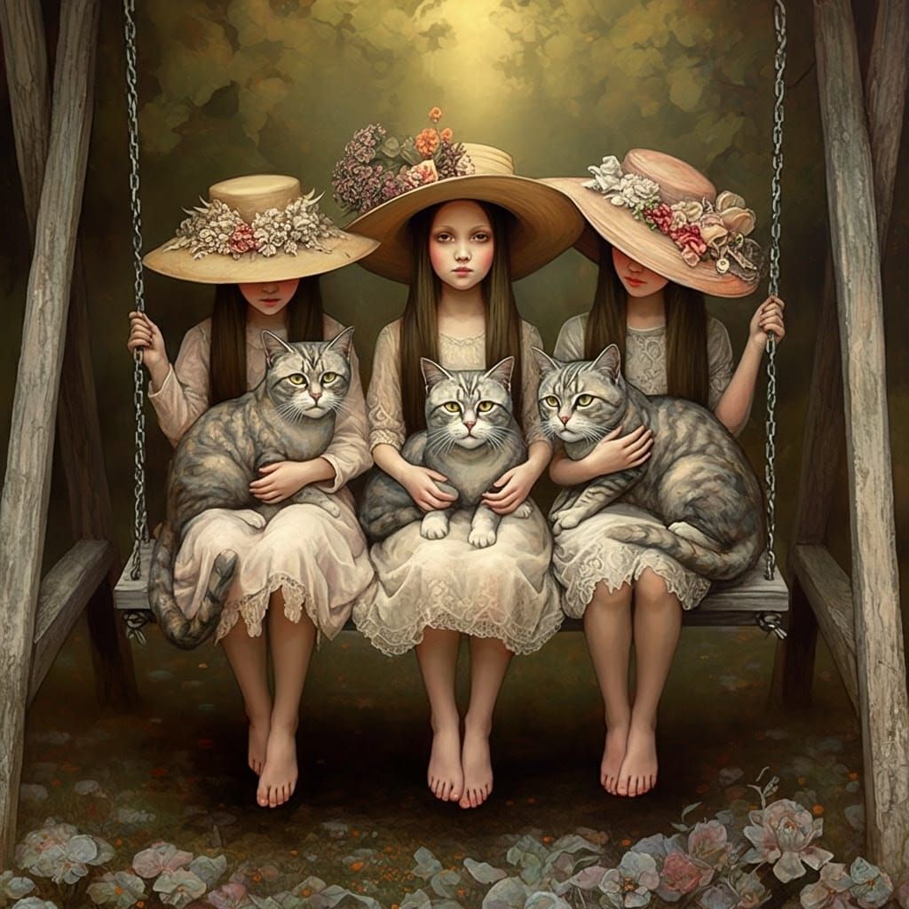 Little girls and cats on a swing