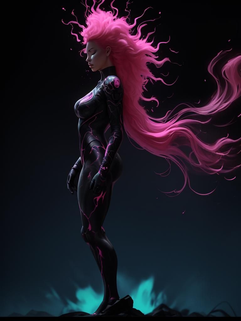 A beautiful woman with hair made of glowing pink flames, sil...