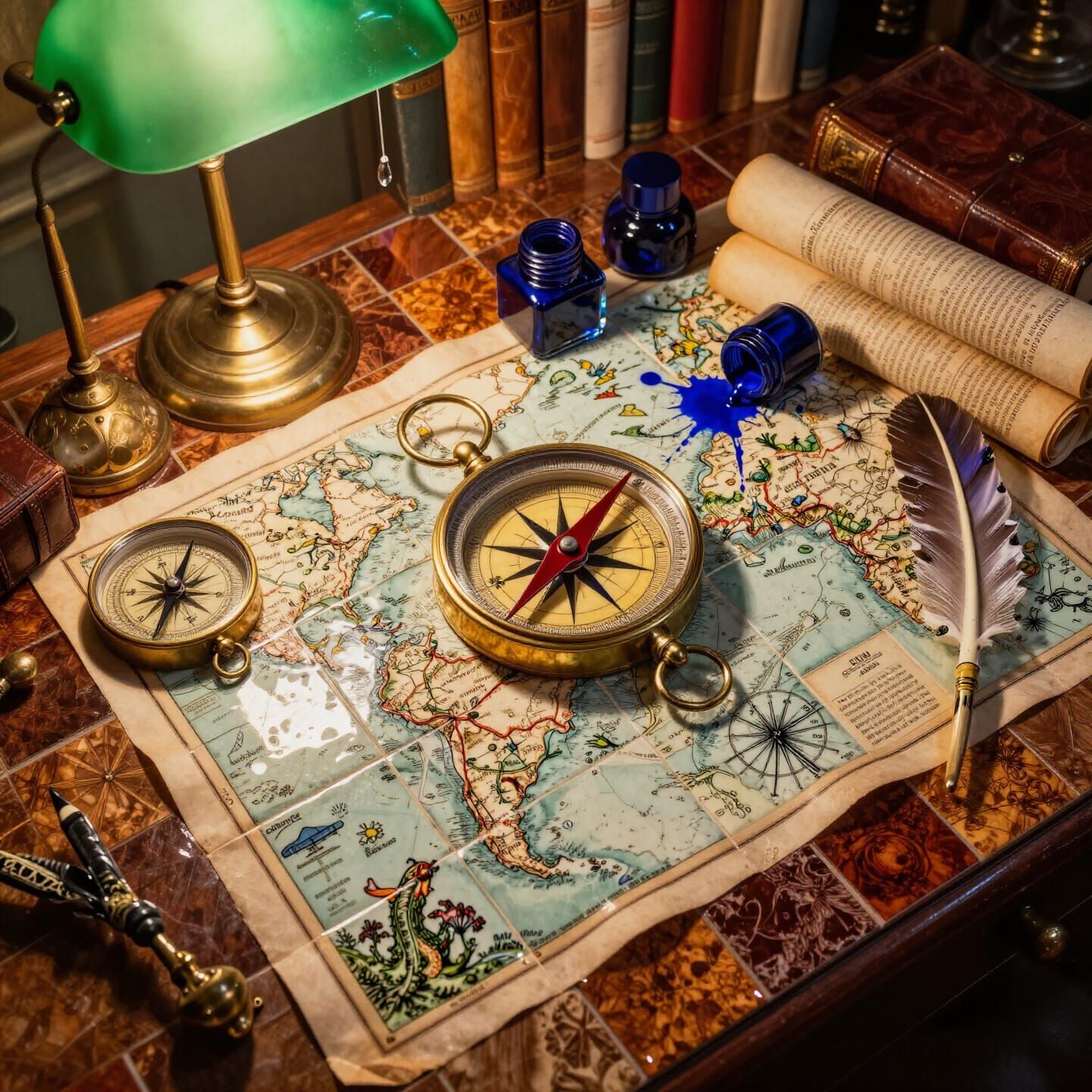 Mosaic Cartographer's Desk with Vintage Maps