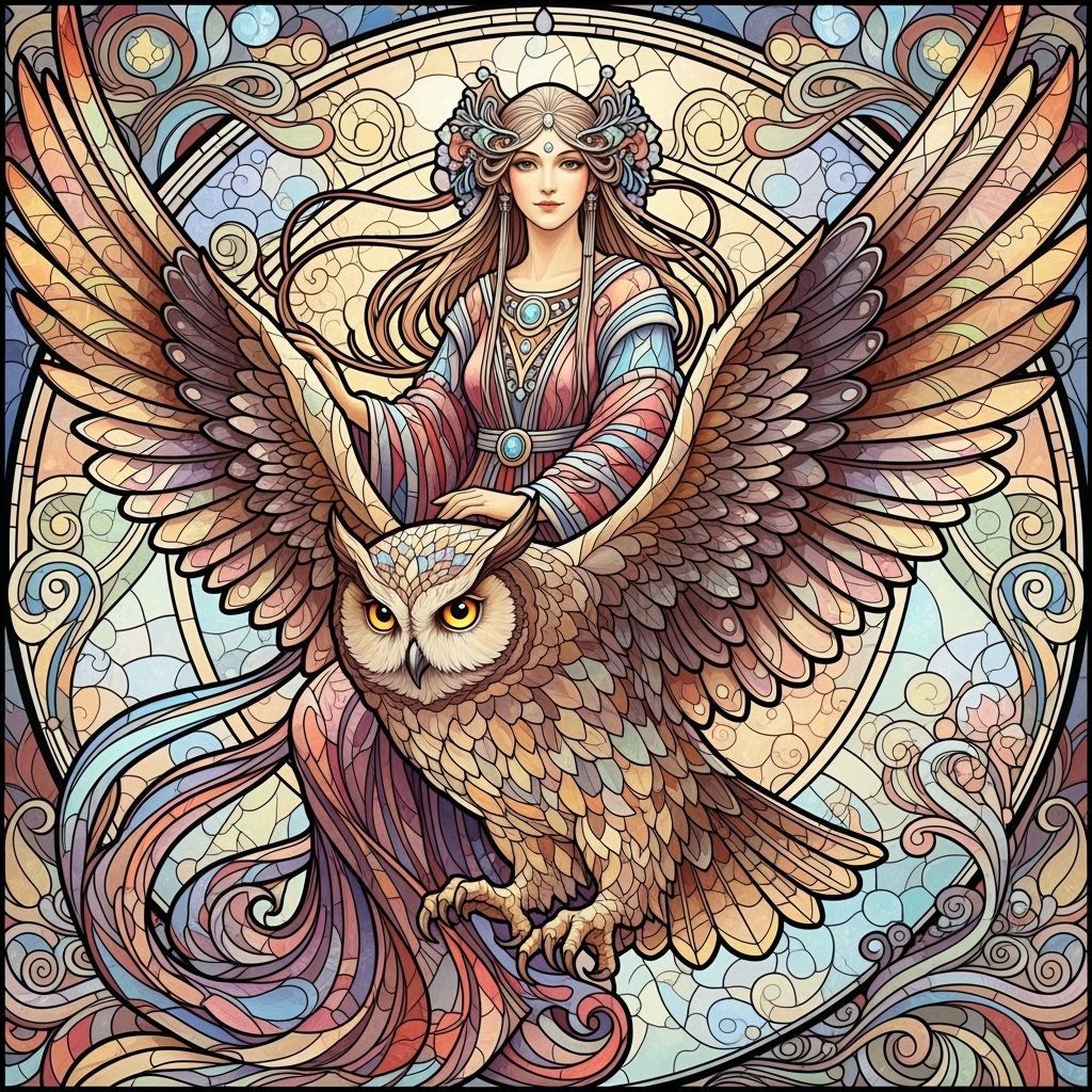Stained Glass Woman Riding Owl in Art Nouveau Style