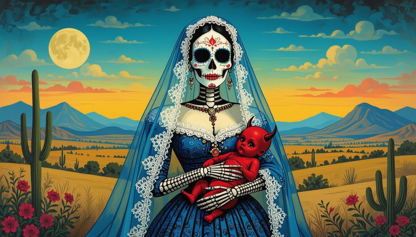 La Calavera Catrina with Devil Baby in Surreal Landscape