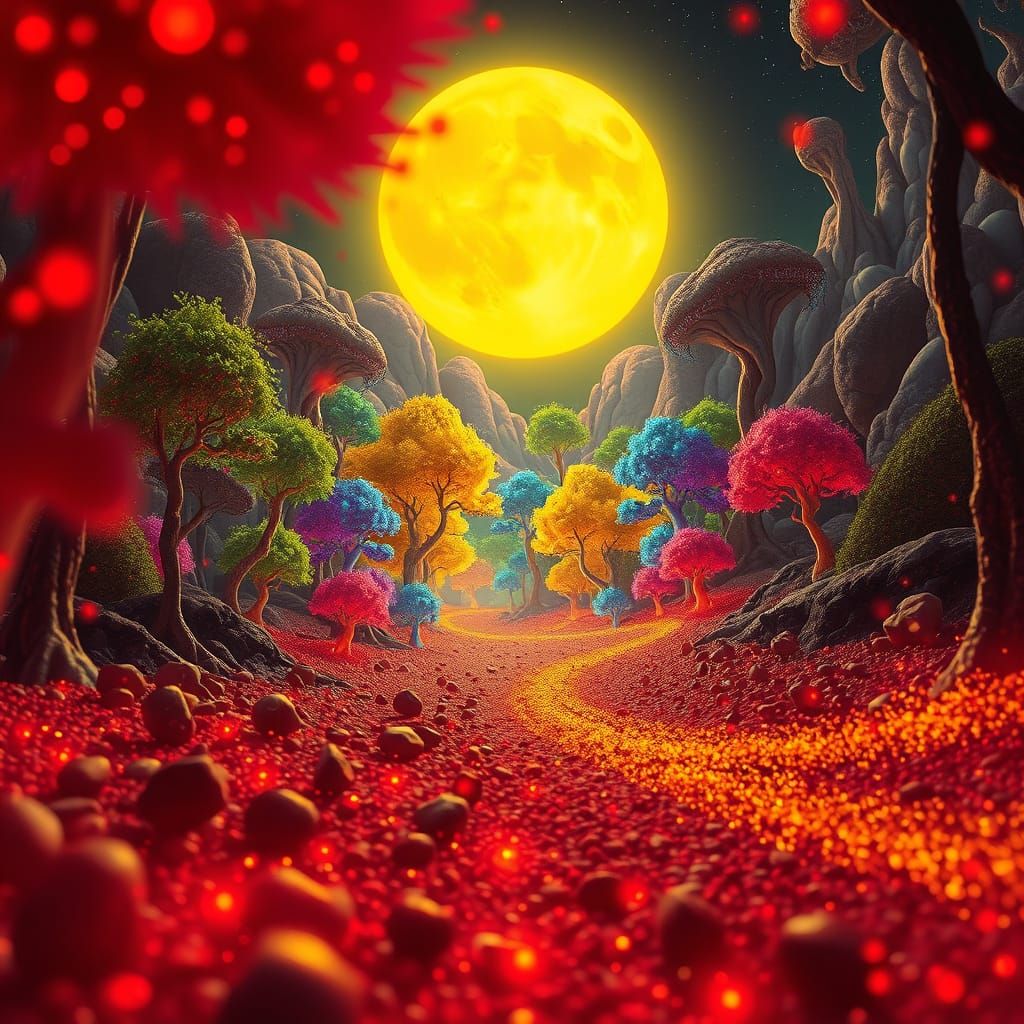 Alien Forest Under Golden Moonlit Night, Microscopic View