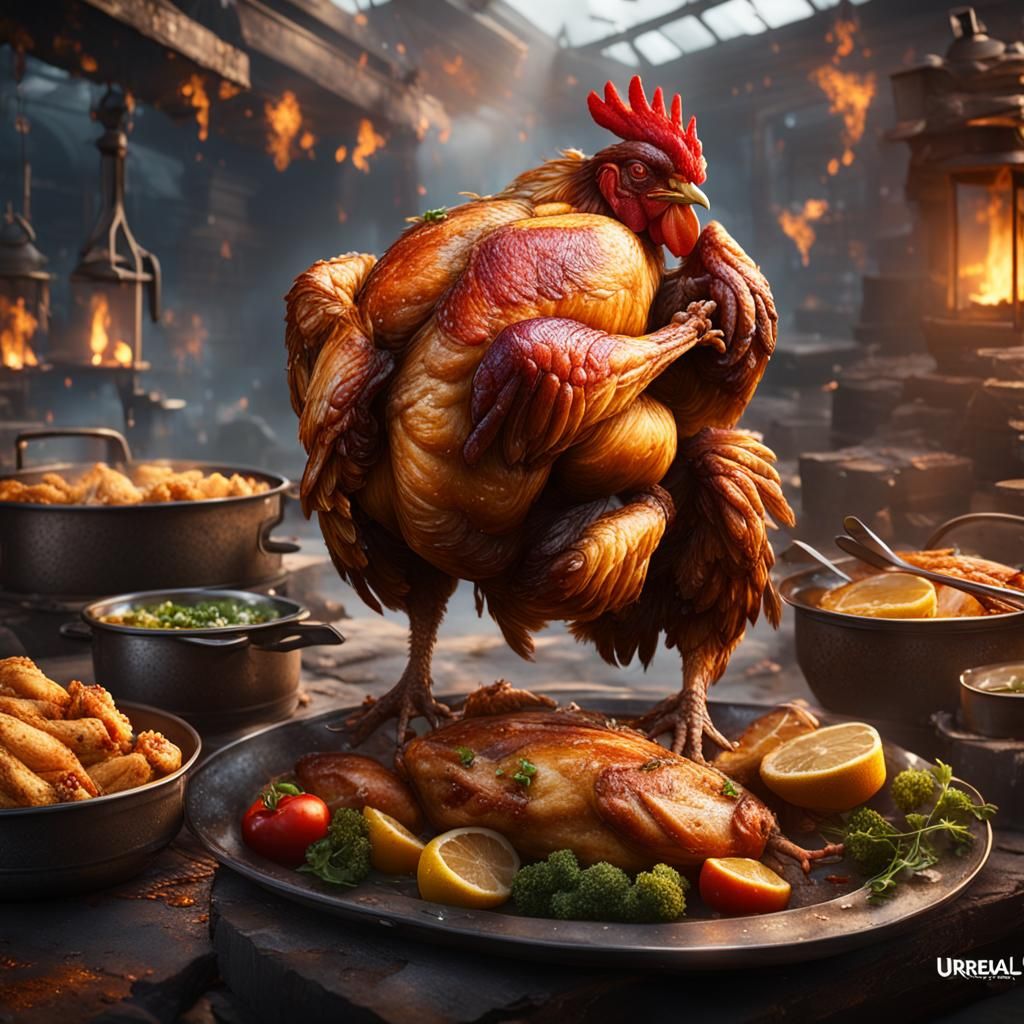 Android Roasts Chicken: Detailed Fantasy Art