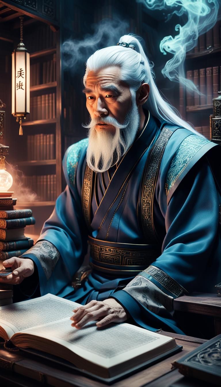 Cyberpunk Chinese Philosopher in Mystical Office