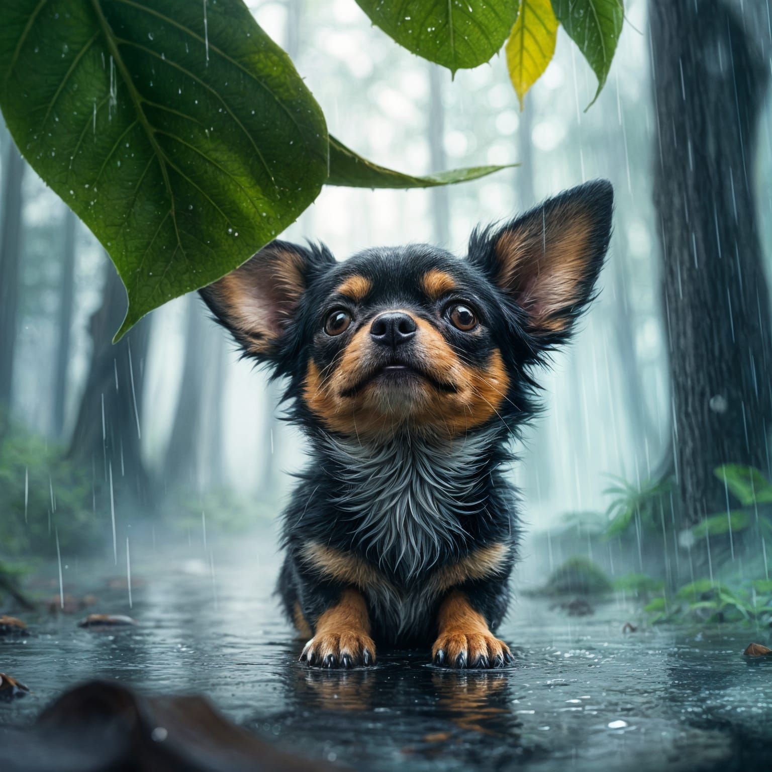 Cozy Rainy Forest Scene with a Dreamy Chihuahua
