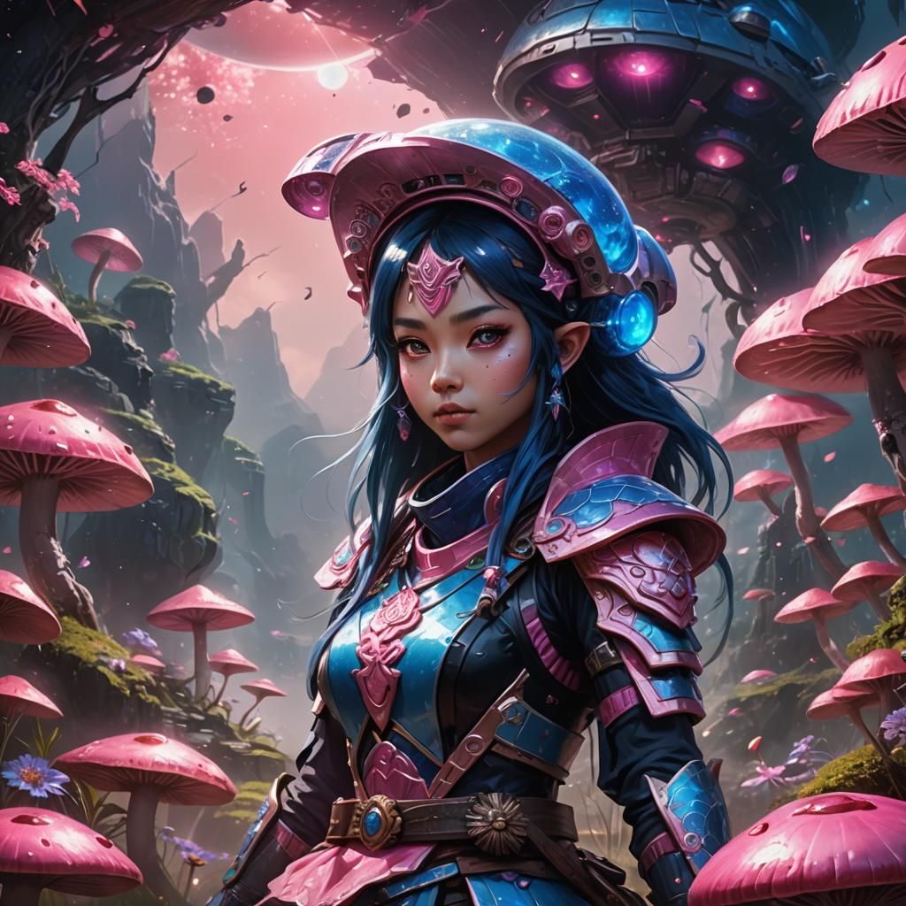 Elf Ninja Princess in Mushroom Spaceship, Fantasy Art