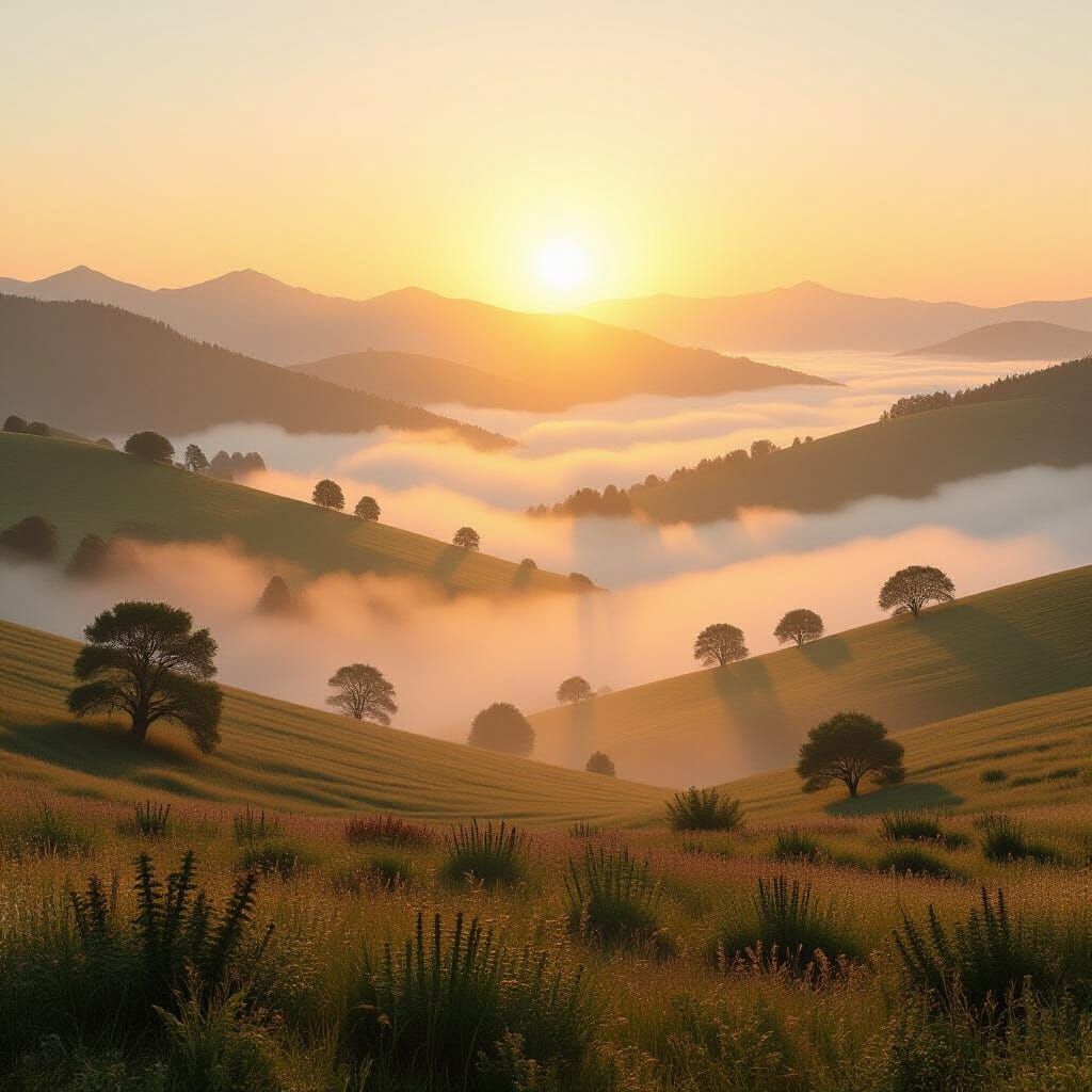 Misty Morning Landscape in Golden Light