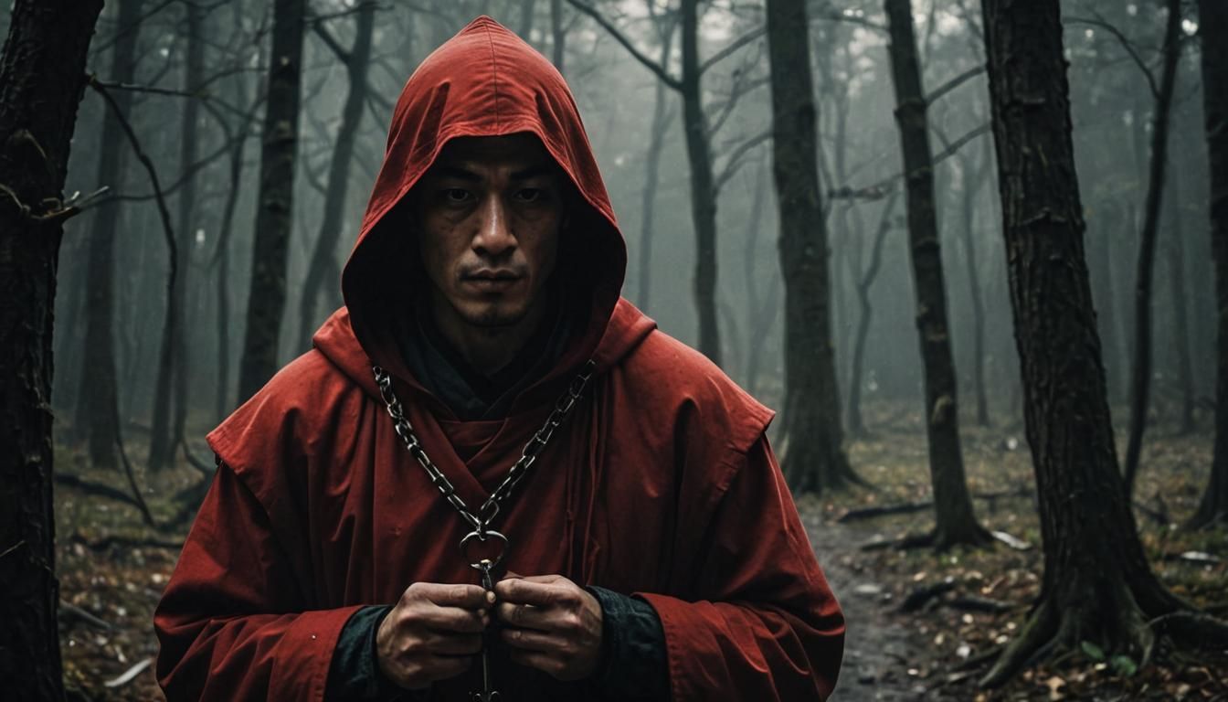 Monk with Key in Dark Cinematic Still