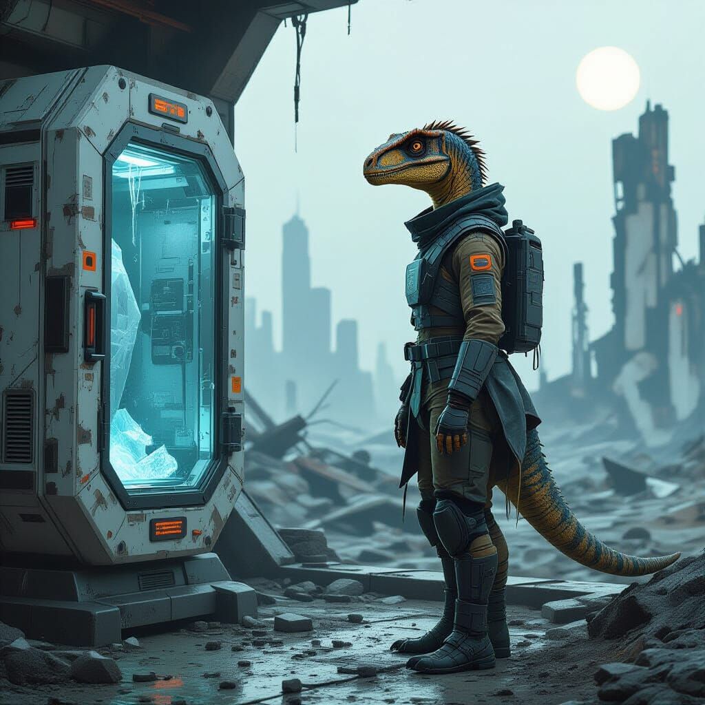 Dystopian Velociraptor in Ruined Landscape