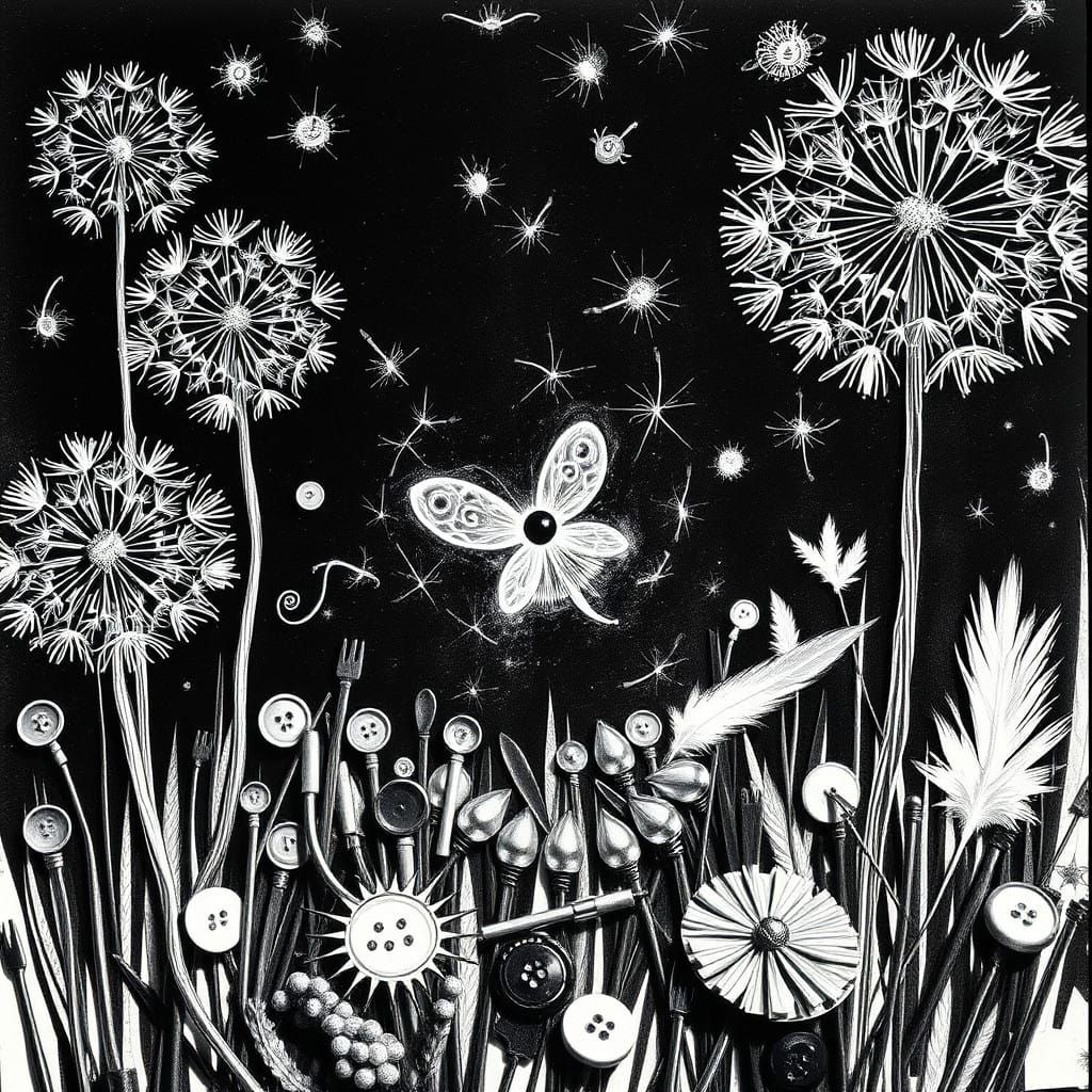 Whimsical Dandelion Dreamscapes in Black and White