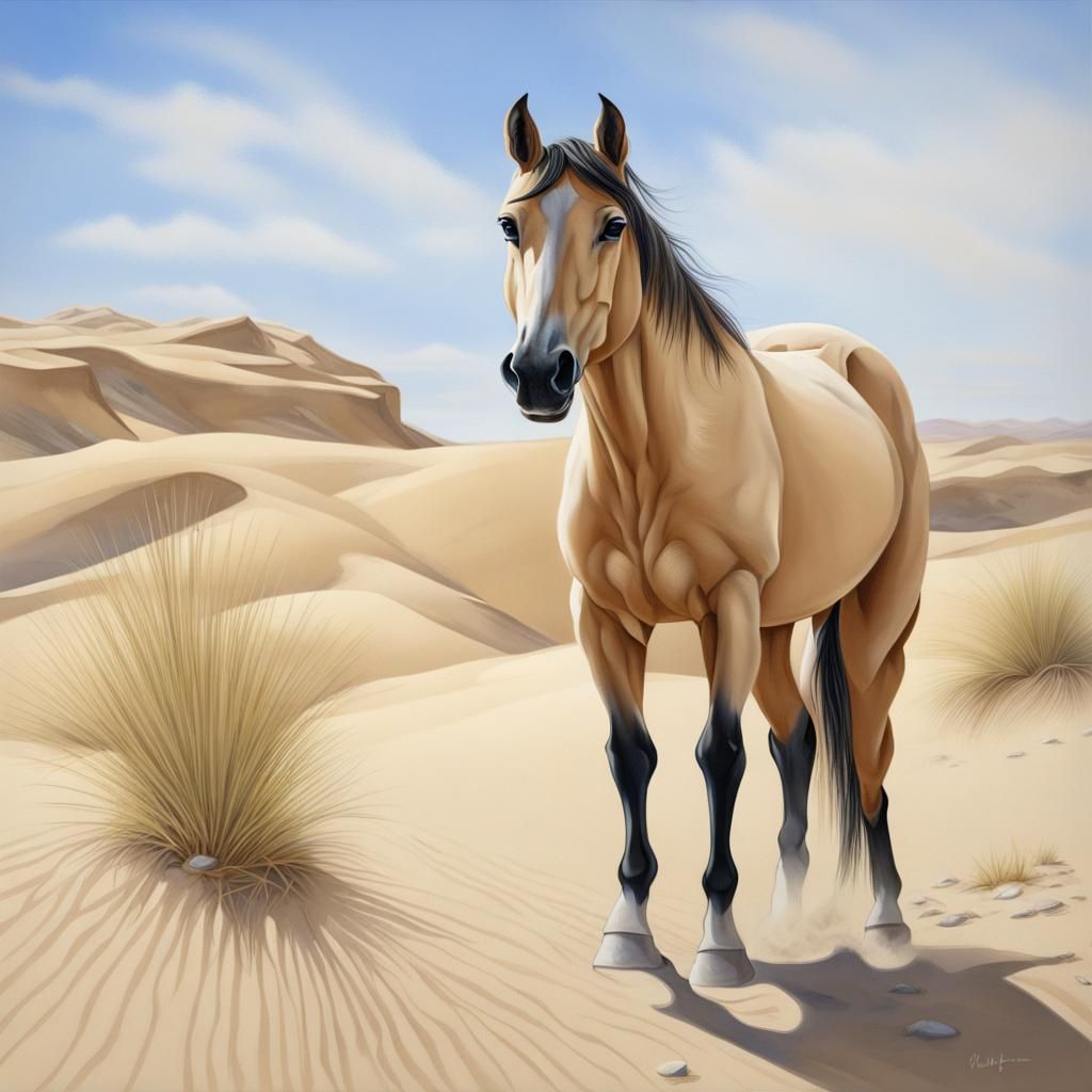 Buckskin Horse in Desert Landscape with Blue Eyes