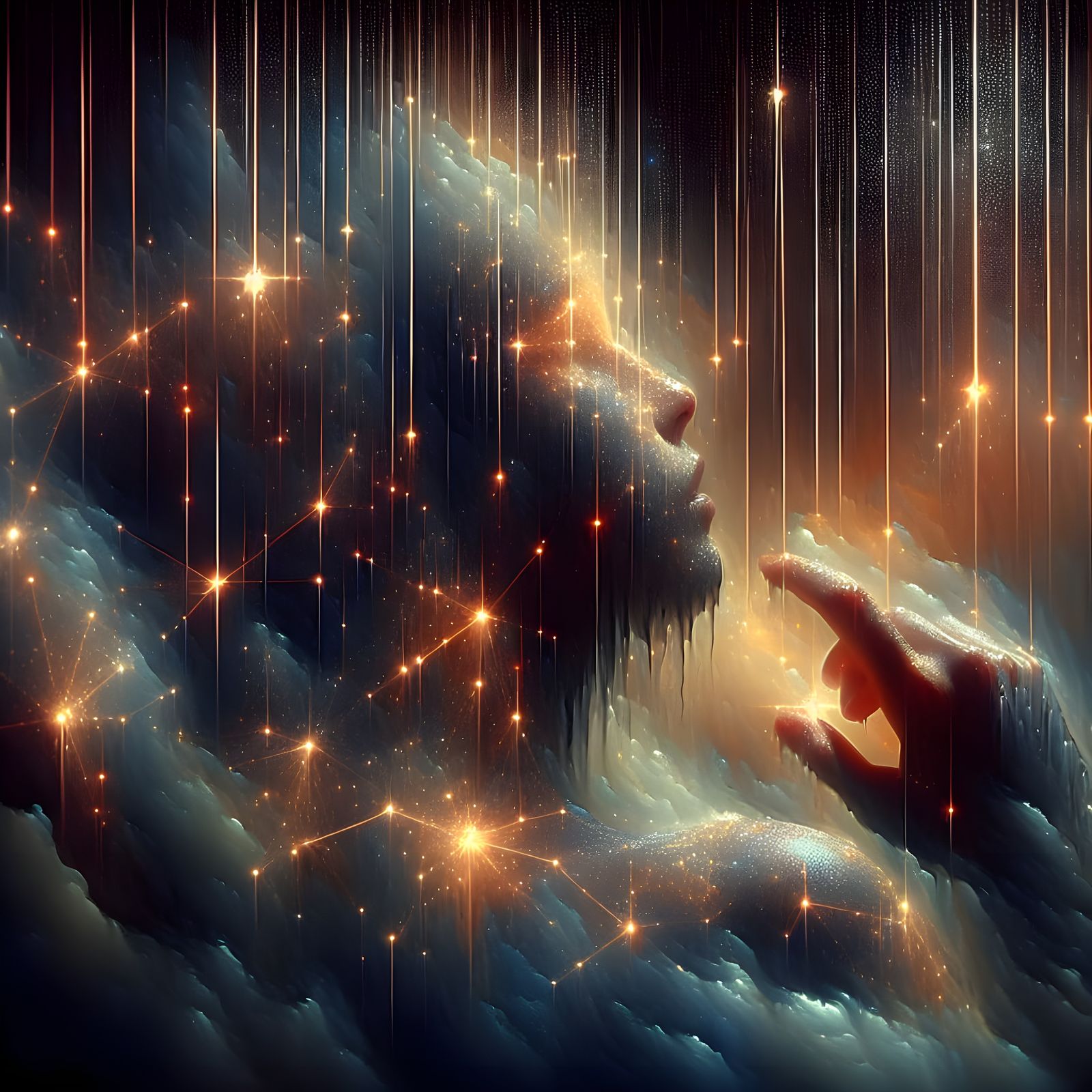 Surreal Dreamscape: Falling Stars Dissolve on Skin