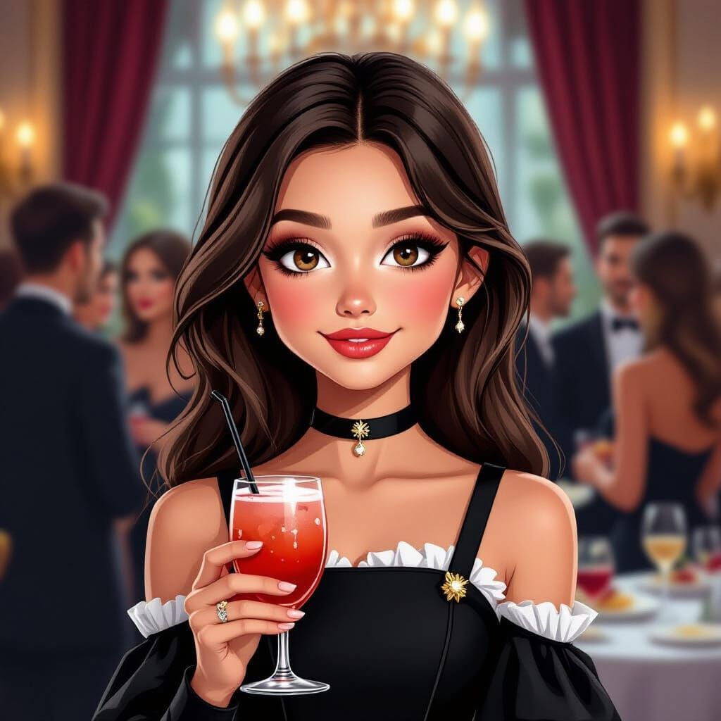 Girl with Piercing Eyes at Party, Stylized Drawing