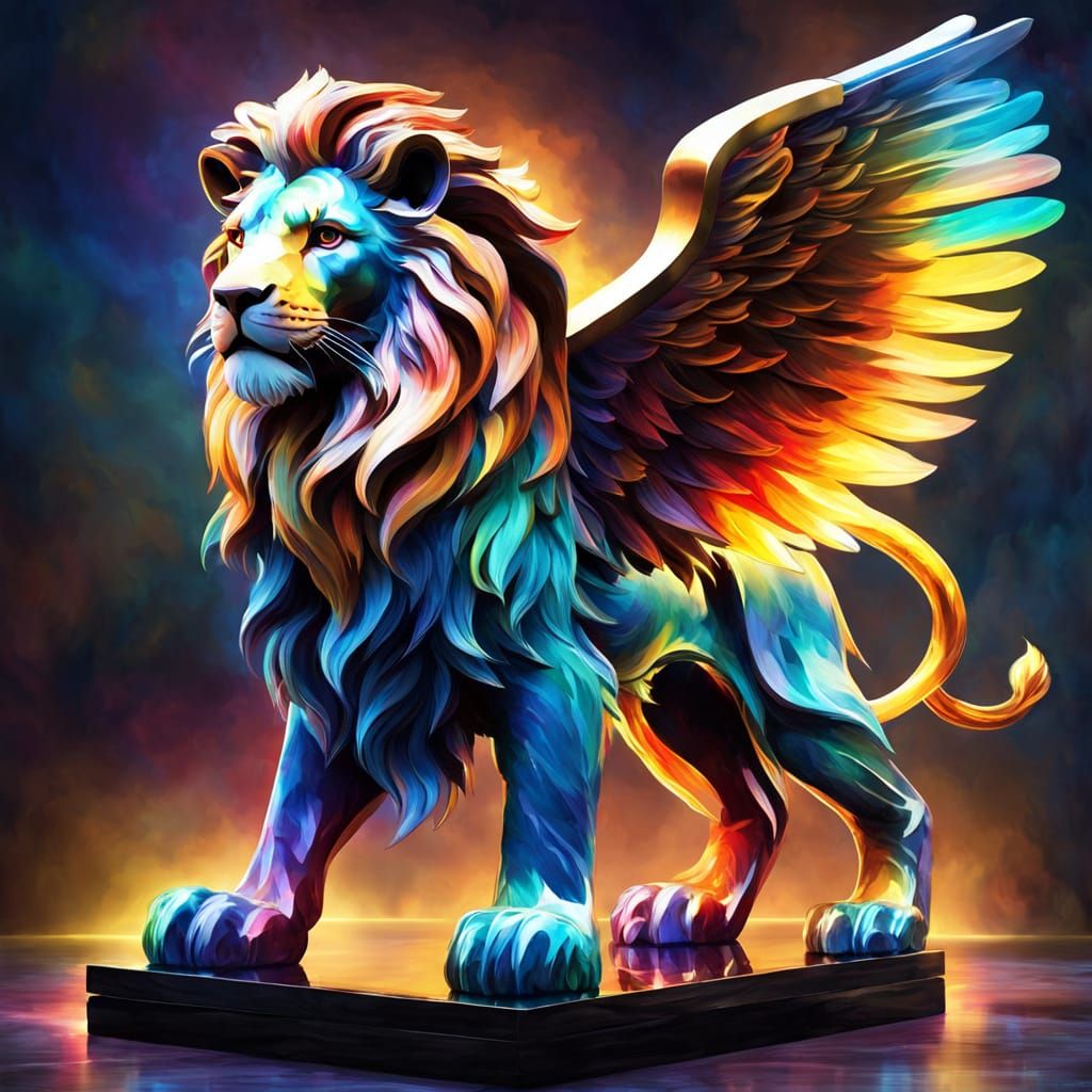 Glowing Marble Winged Lion Statue in Anime Style