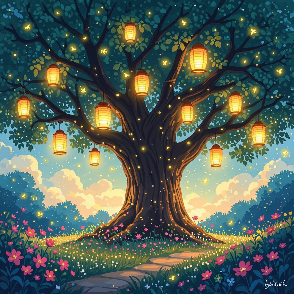 Enchanted Lantern Tree in Animated Style