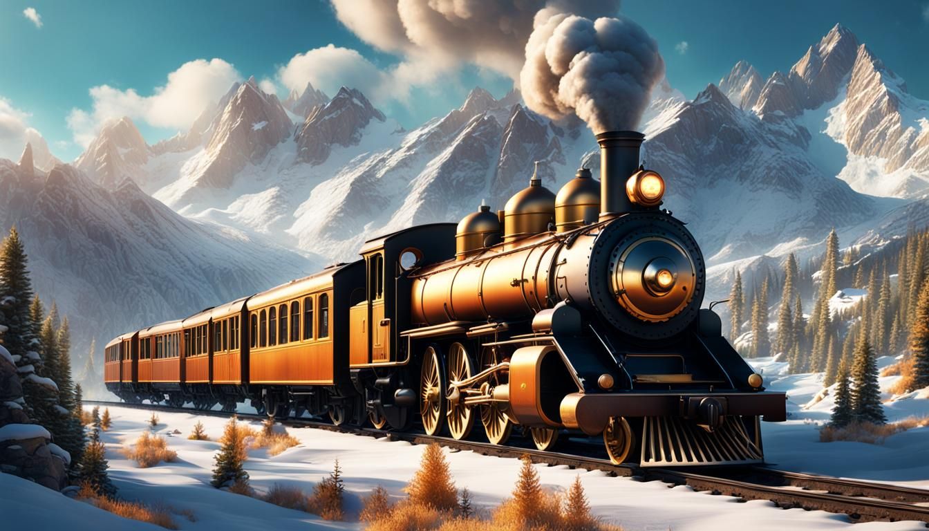 Steam Train on Snowy Peaks in Golden Ratio