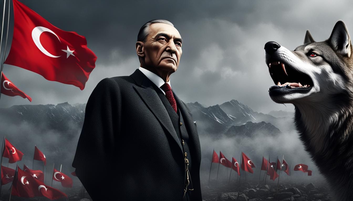 Ataturk and Gray Wolf with Turkish Flags