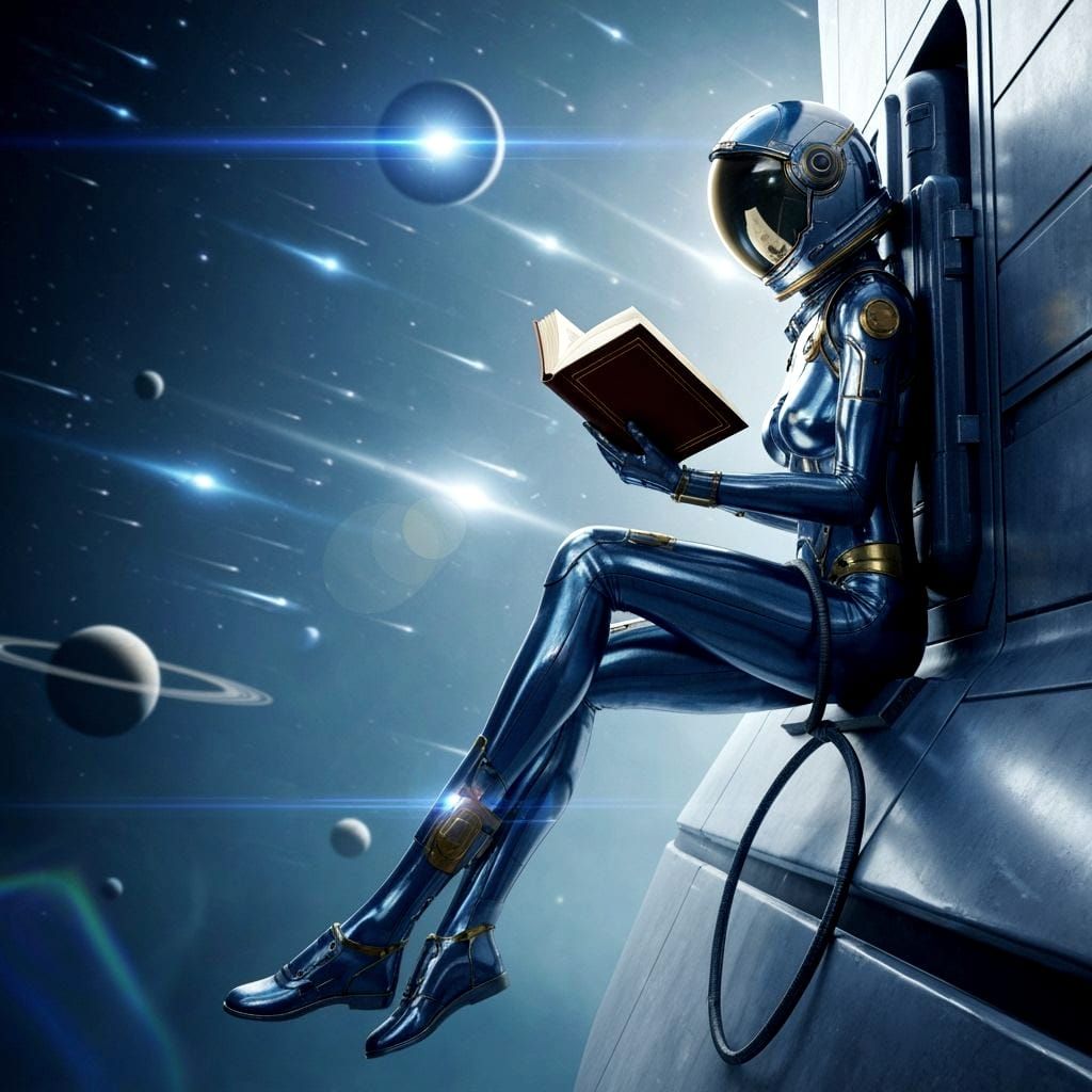 Astronaut Reads Book in Solarpunk Spaceship