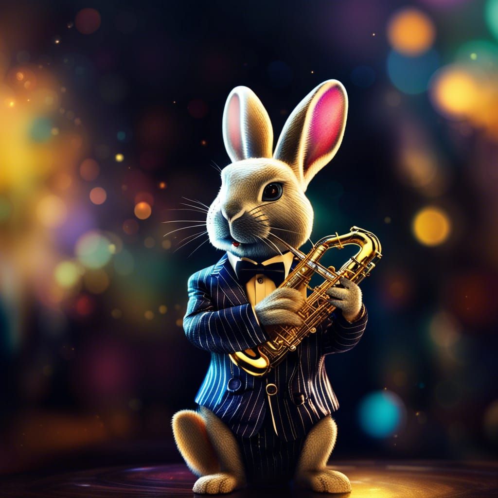 Rabbit Saxophonist in Glass Dome, Fantasy Art