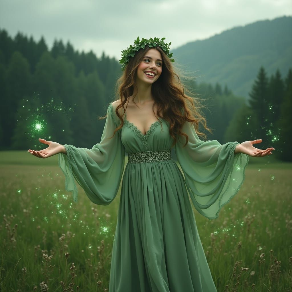 Enchantress Weaving Spell in Muted Green Landscape