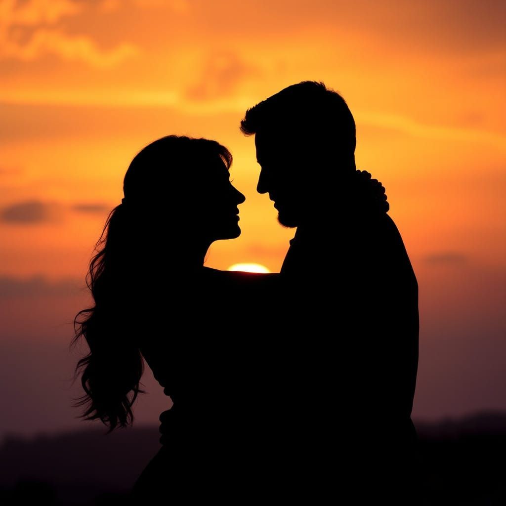 Golden Hour Lovers Embracing in a Dreamy Sunset