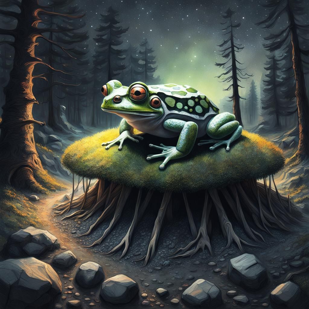 Expressionistic Charcoal Frog Camping Under the Stars