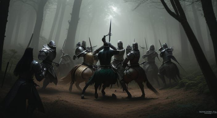 Knights Cosplay Dramatic Sword Fight in Forest