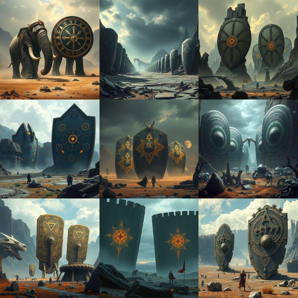 Colossal Shields Stand Vigilant in Ancient Battlefield Ruins