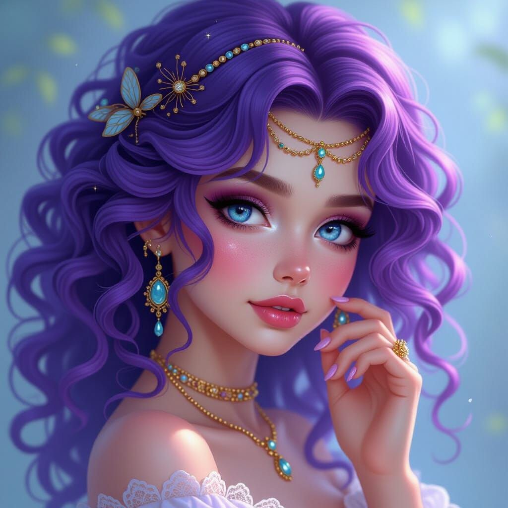 A highly detailed digital painting depicts an enchanting fem...
