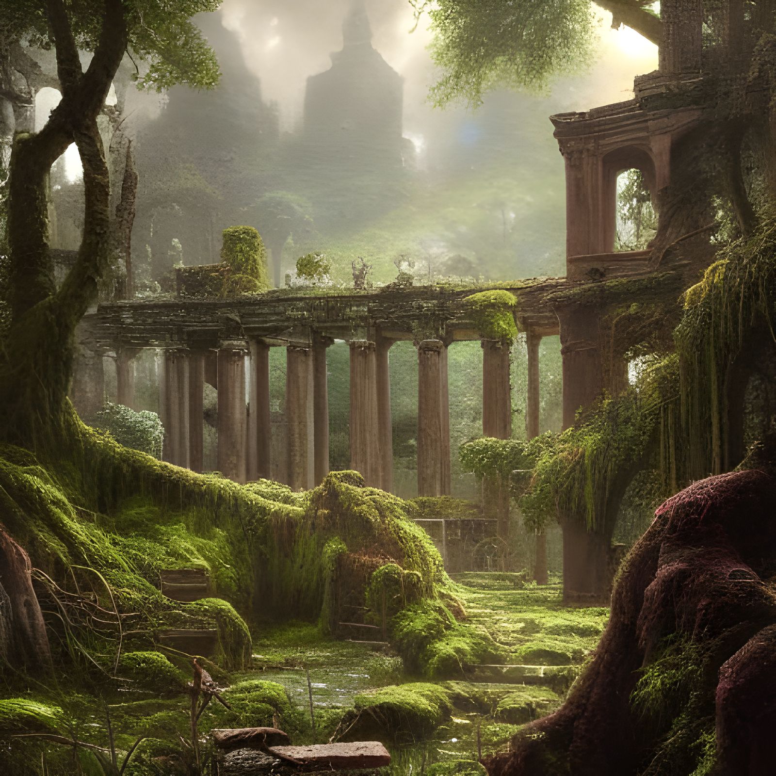 Moss-Covered Ruins Landscape Art