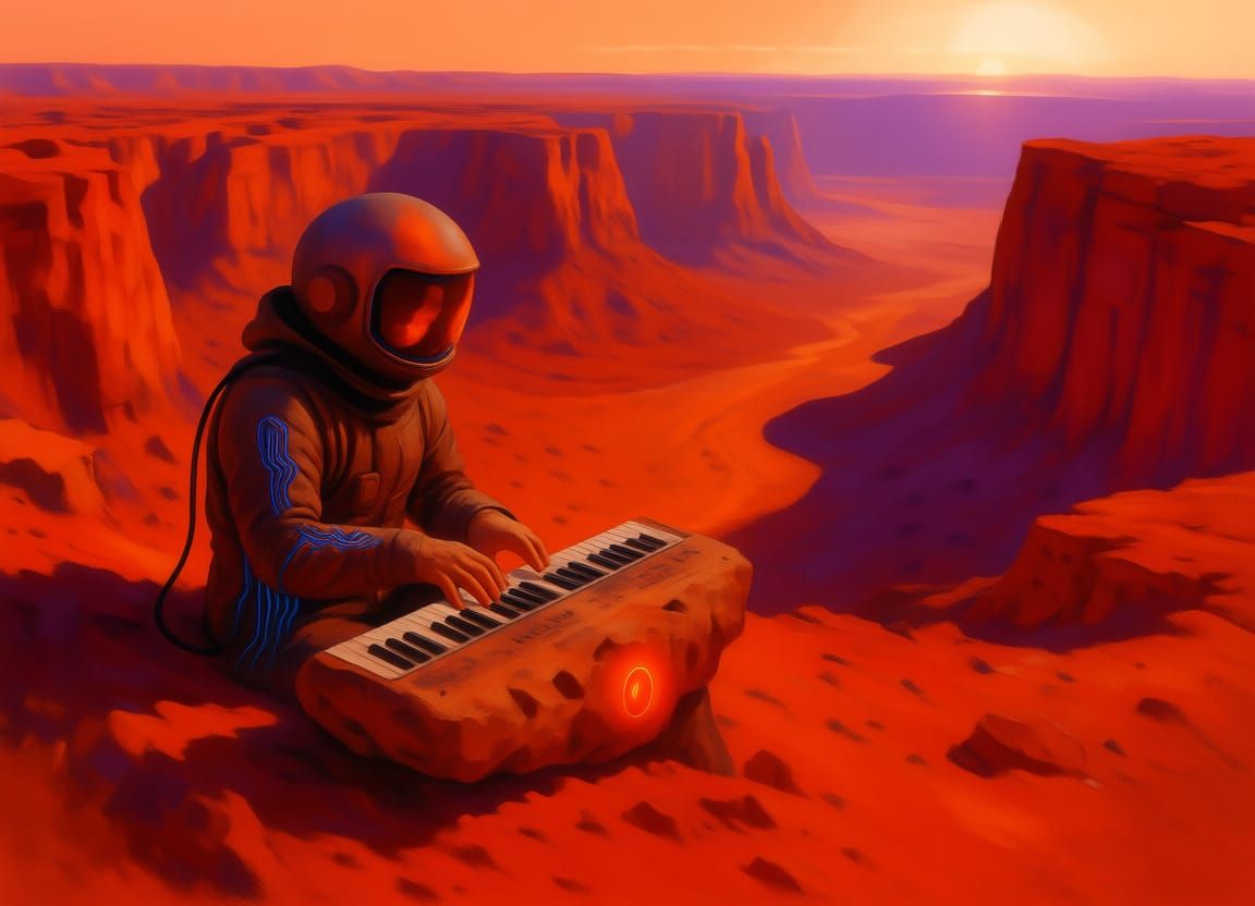 Musician Plays Synth-Flute in Red Martian Canyons