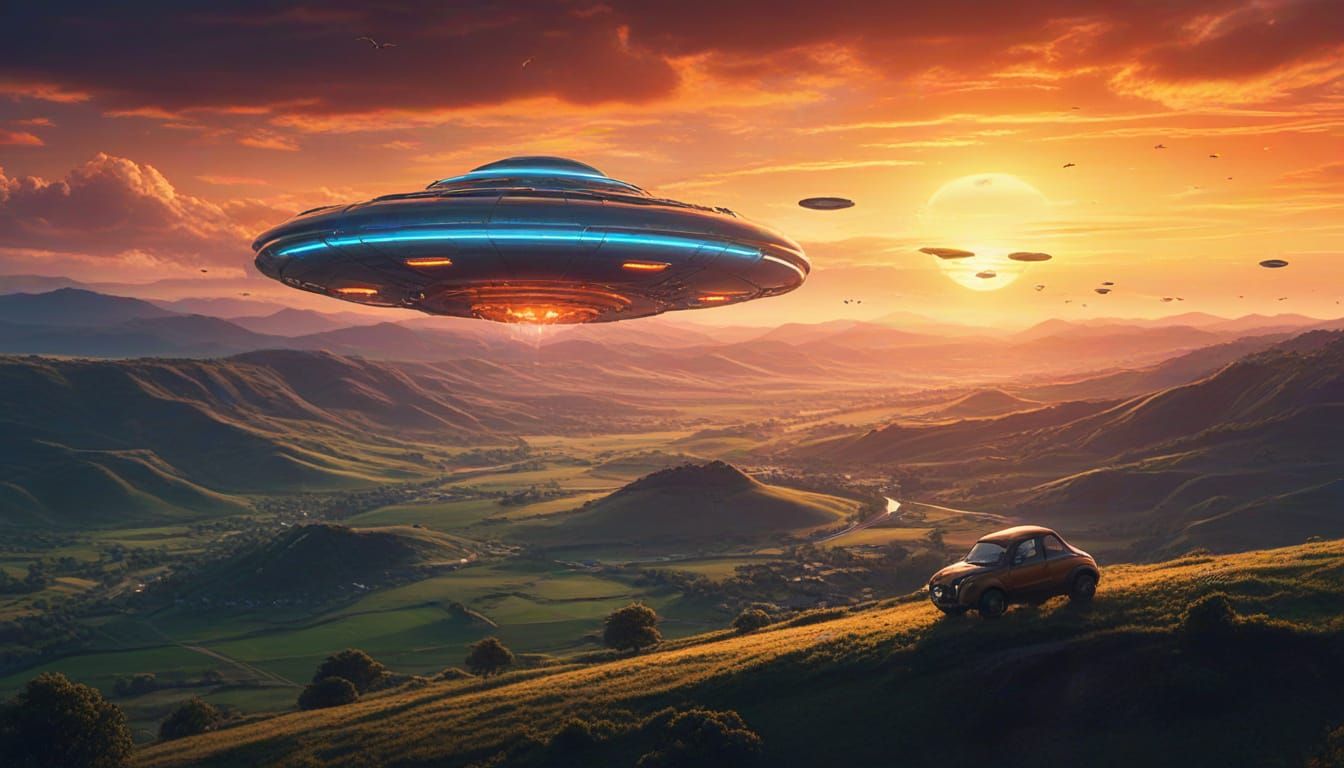 UFO Flying Saucers Search Countryside at Sunset