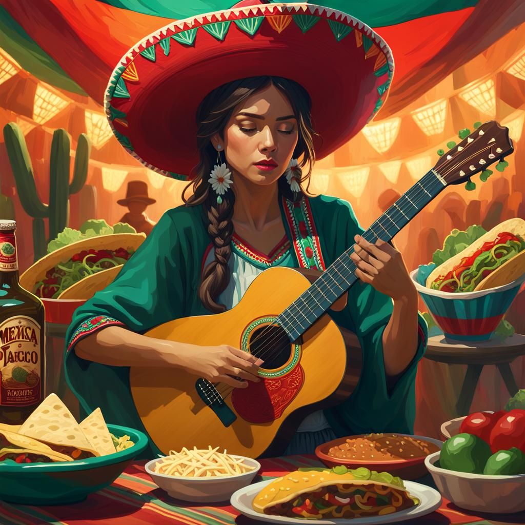 Mexican Woman with Guitar, Sombrero, and Food