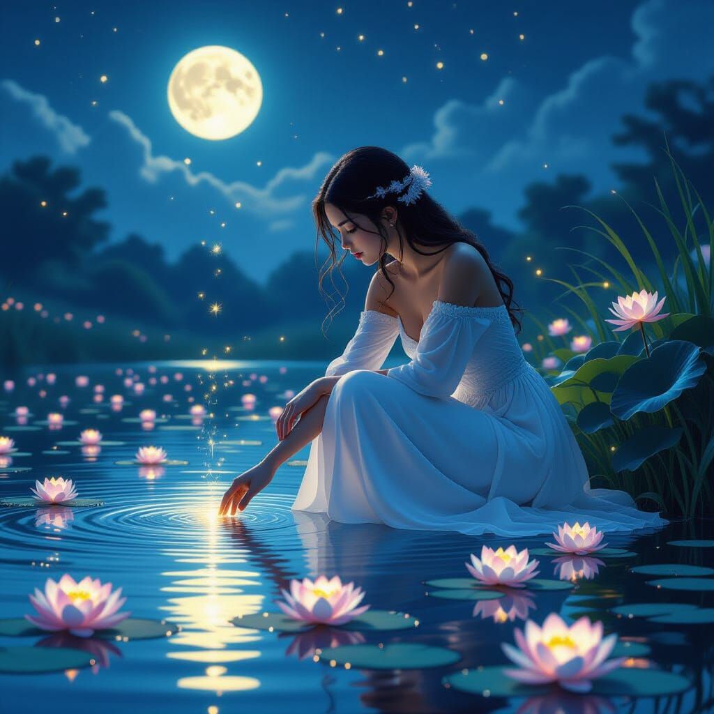 Woman by Moonlit Pond with Glowing Energy Ripples