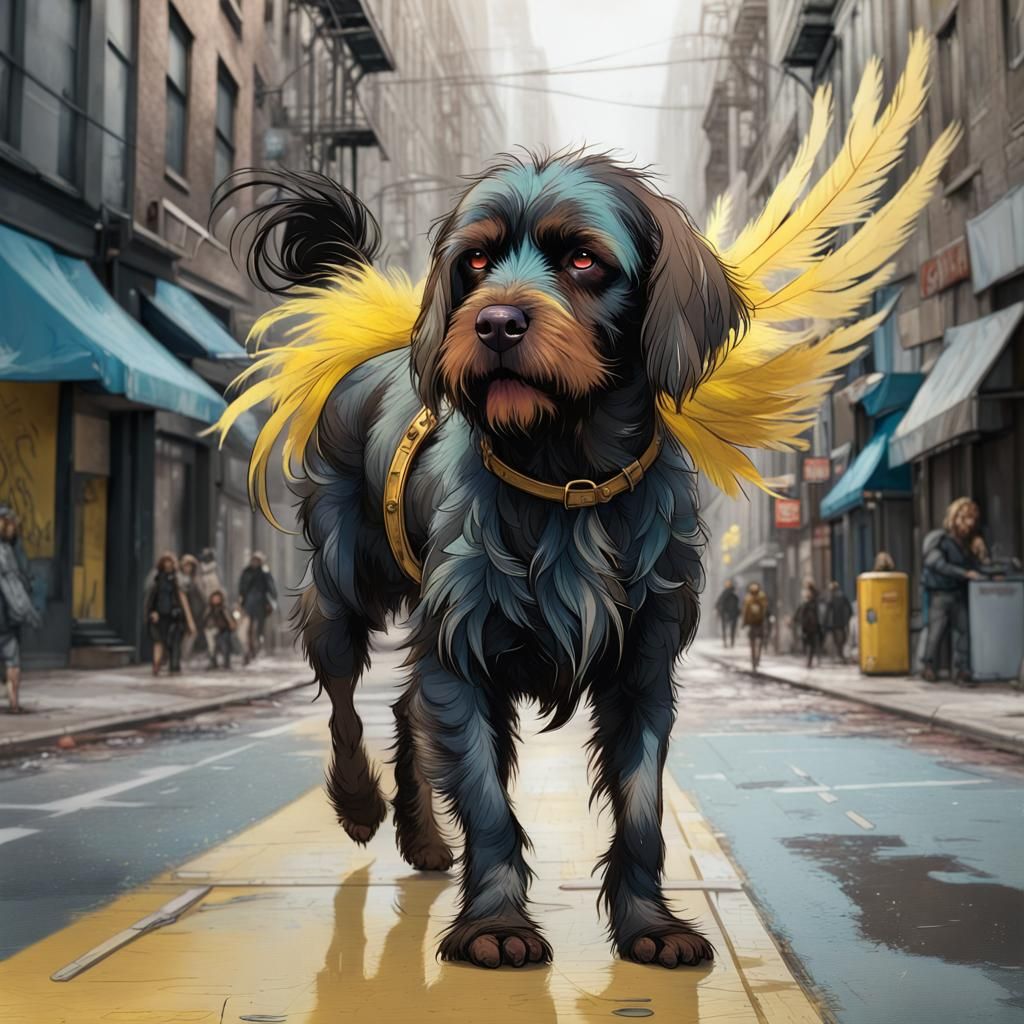 Wirehaired Griffon with Yellow Feathers in Cityscape