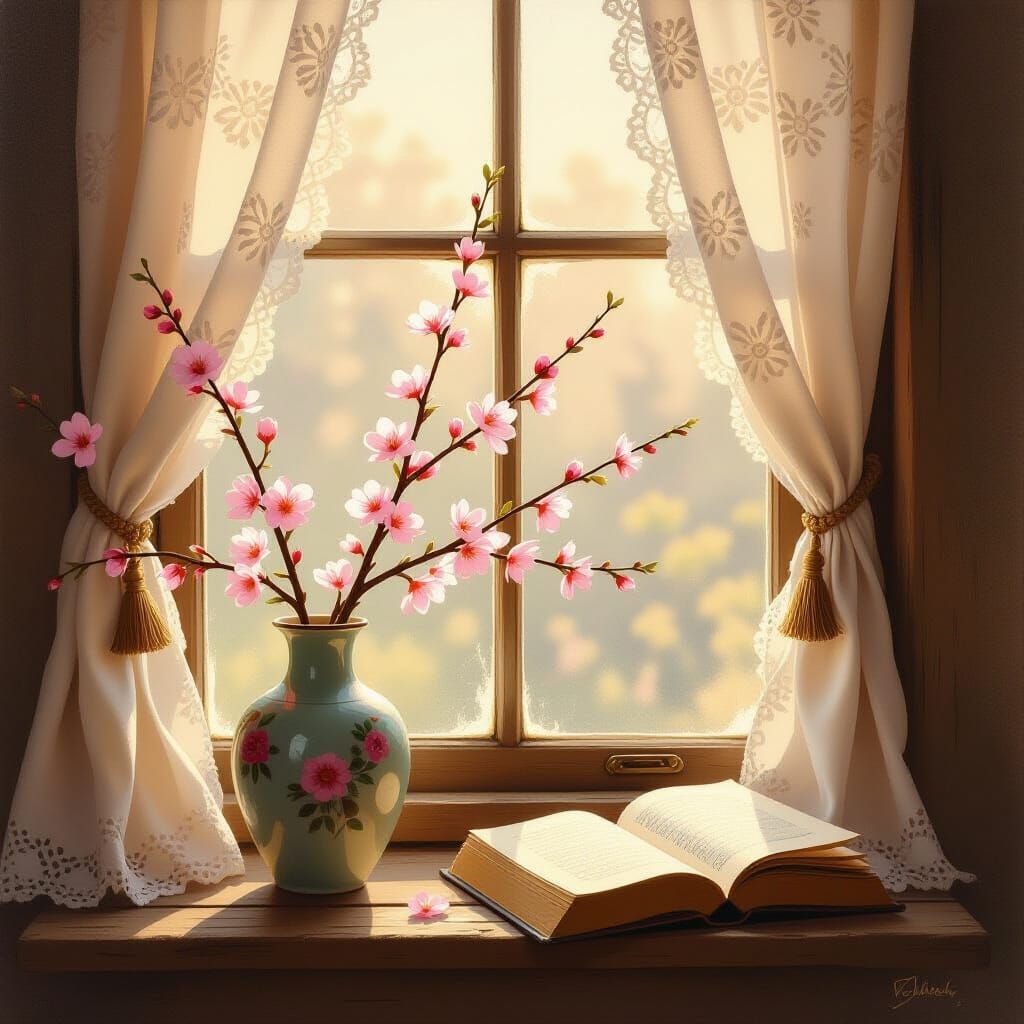 Sunlit Window with Sakura, Oil Painting Style